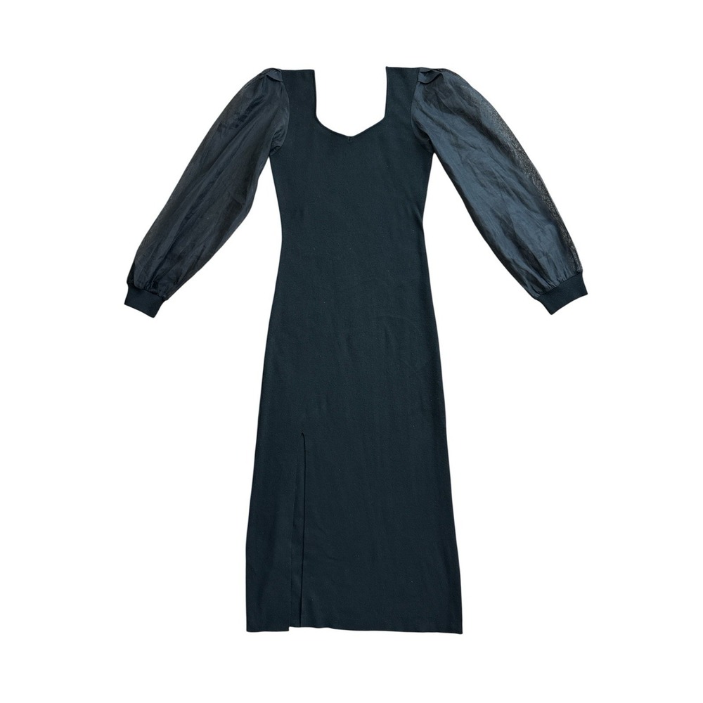 ASTR‎ The Label Ribbed Sweater Knit Maxi Dress Medium Black Long Sheer Sleeve